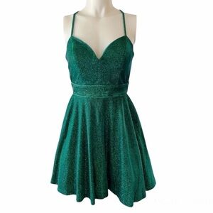 MIDNIGHT DOLL Green  Glitter Criss Cross Back Fit-And-Flare Party Dress NWT